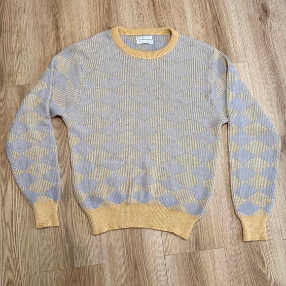 Sweaters - Christian Dior Vintage Diamond Knit Sweater Blue Yellow Linen Blend Large USA